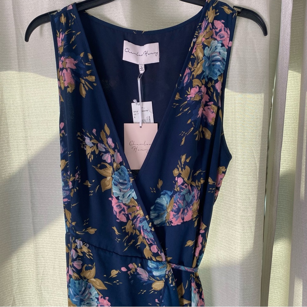 Navy blue floral v-neck midi wrap dress